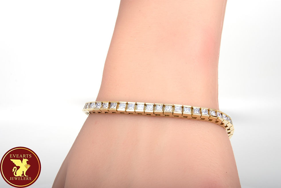 Thumbnail: 14k Yellow Gold Princess Cut Diamond Tennis Bracelet 7.35cttw