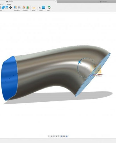 Screenshot of CAD software modeling a grey, round tube with a bend in the end. 