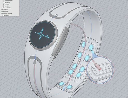 A CAD modeling screenshot of a fitbit style fitness watch.