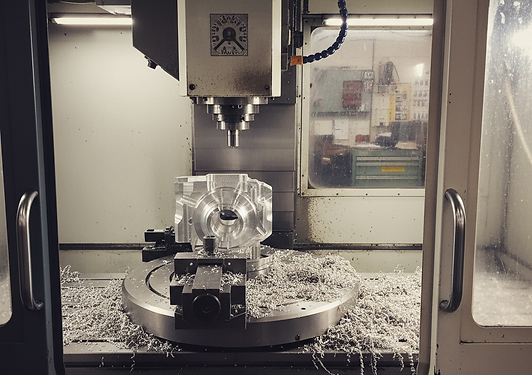 A photo of the inside of a CNC mill setup showing an aluminum block being machined with metal shavings all over the mill table.