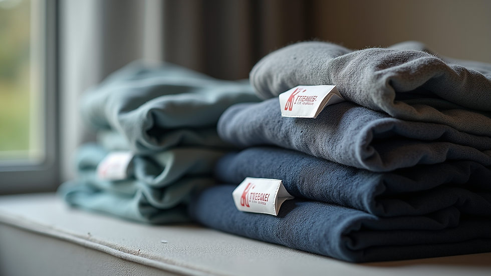Close-up view of folded workout clothes with tags showing fabric details