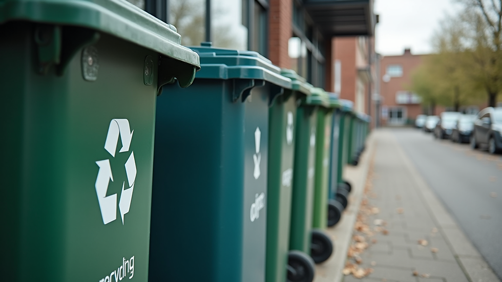 Eye-level view of recycling bins arranged outside a commercial building
