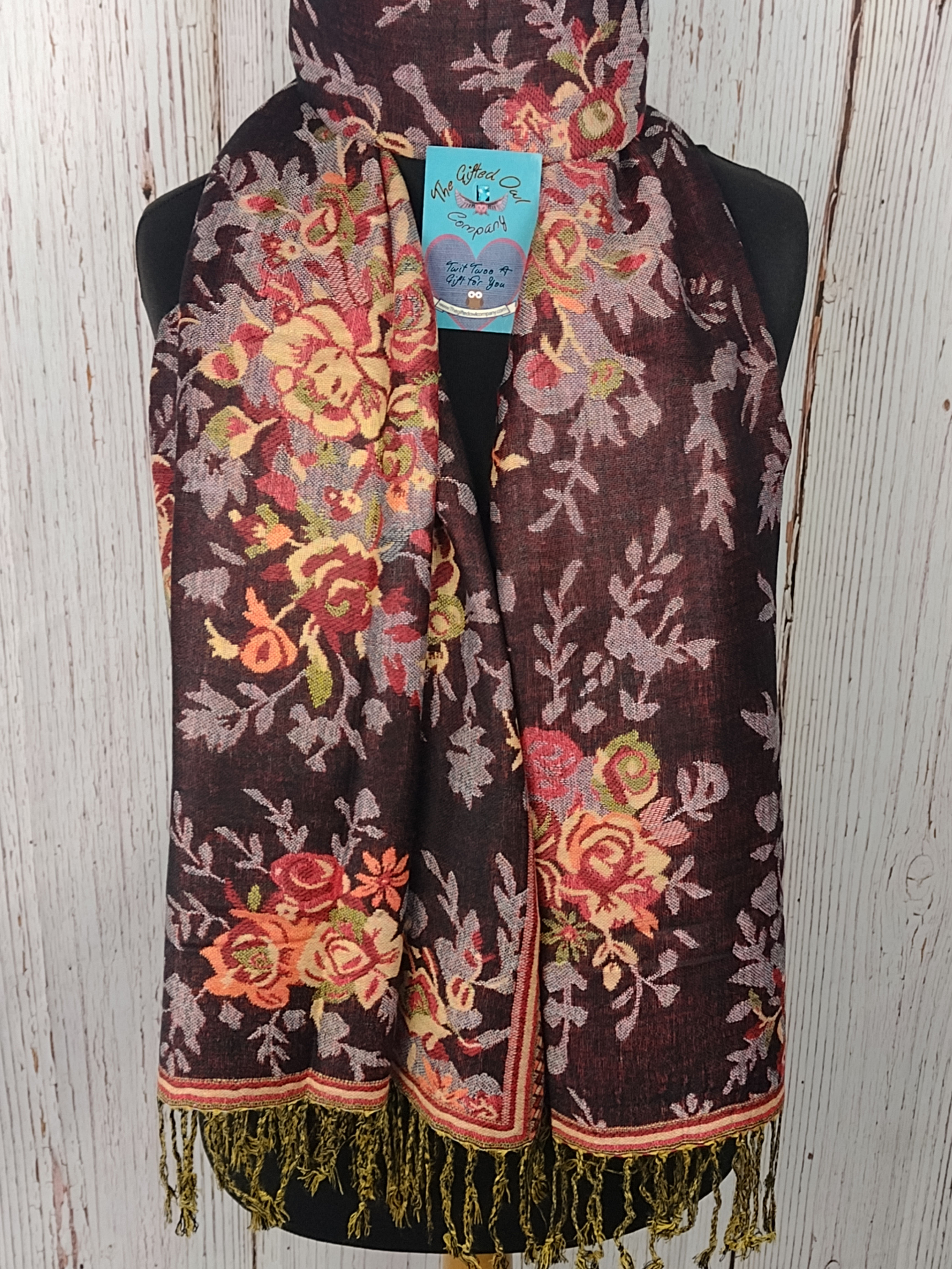 WOMEN'S FLORAL PASHMINA TASSELLED FLOWER SCARF - DARK RED & GOLD