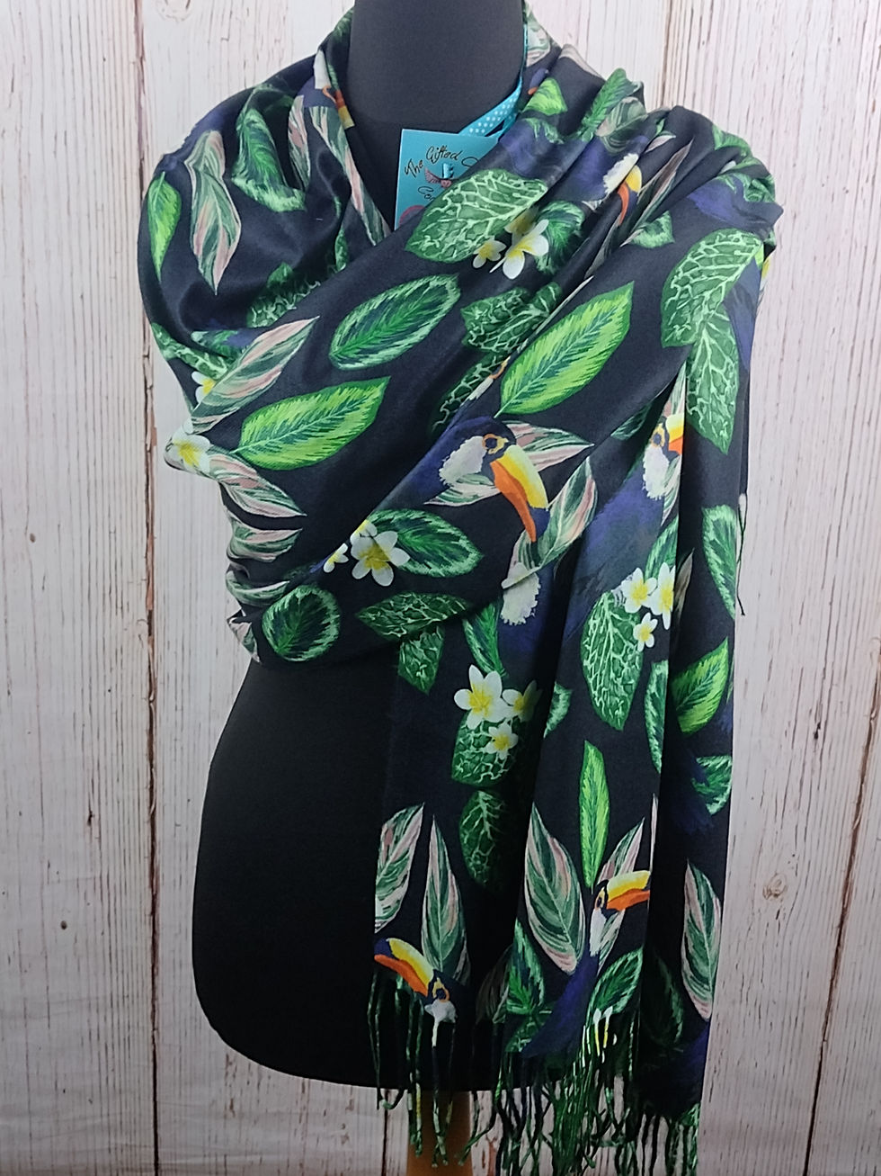Thumbnail: WOMEN'S TROPICAL TOUCAN PASHMINA TASSEL SCARF - NAVY BLUE & EMERALD GREEN