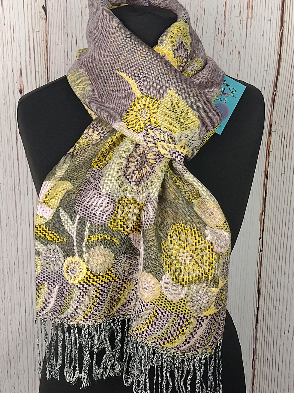Thumbnail: WOMEN'S FLORAL PASHMINA TASSELLED SCARF - HEATHER, GREY & YELLOW