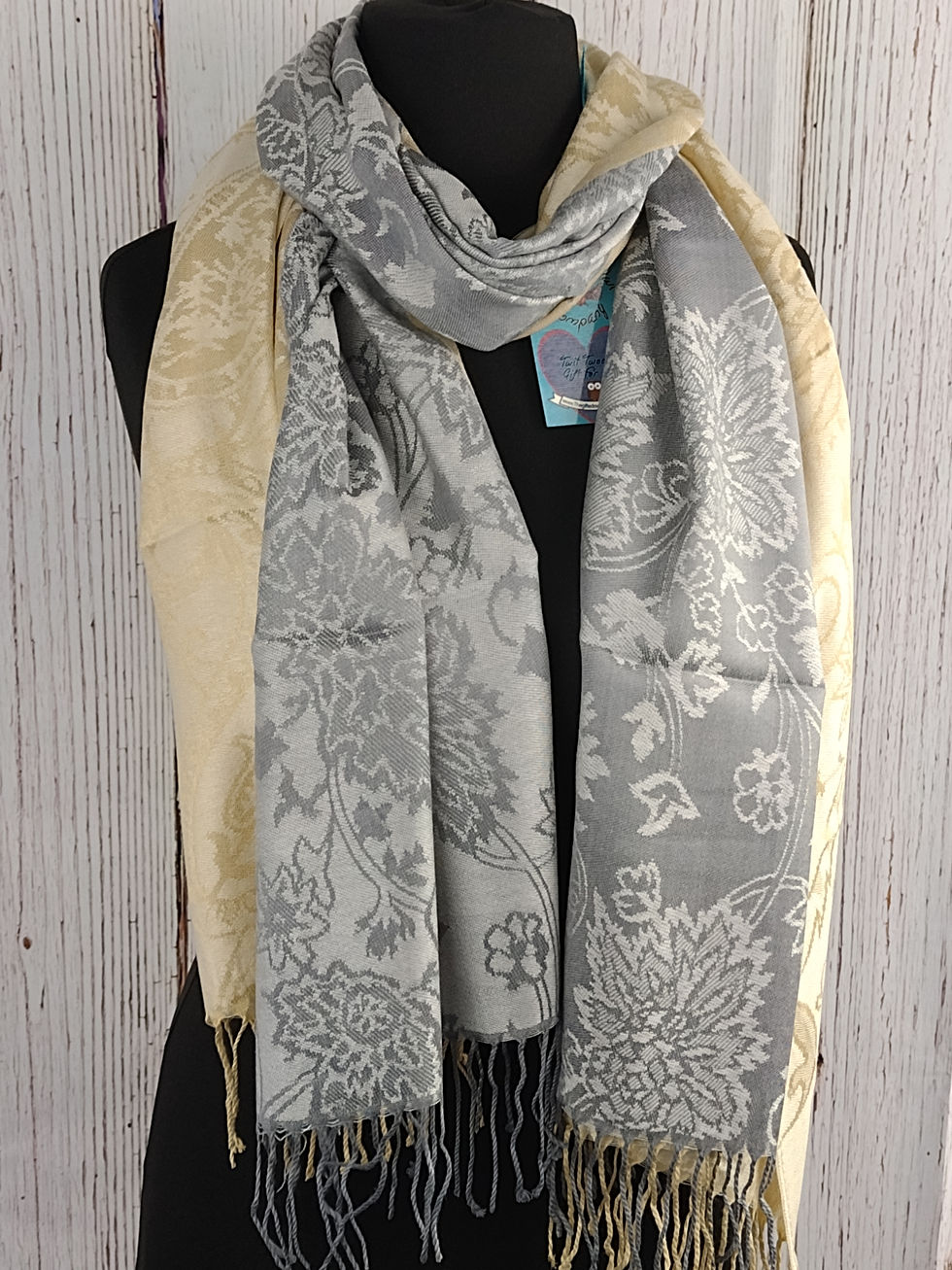 WOMEN'S PASHMINA JACQUARD PAISLEY FLORAL TASSELLED SCARF - SILVER & GOLD