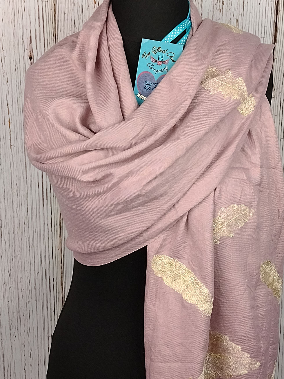 Thumbnail: WOMEN'S FLOATING FEATHERS PASHMINA TASSEL SCARF BLUSH PINK & GOLD