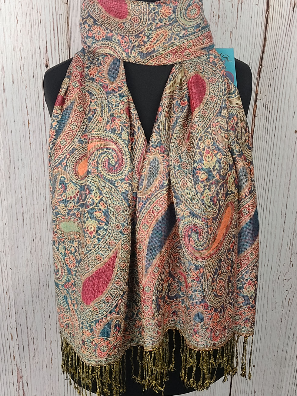 WOMEN'S PAISLEY PASHMINA TASSELLED SCARF –TEAL RED GOLD