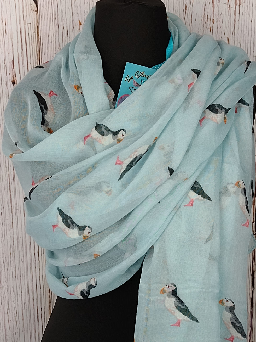 Thumbnail: WOMEN'S CORNISH PUFFINS BIRD SCARF - SKY BLUE GIFT WRAP/BOX