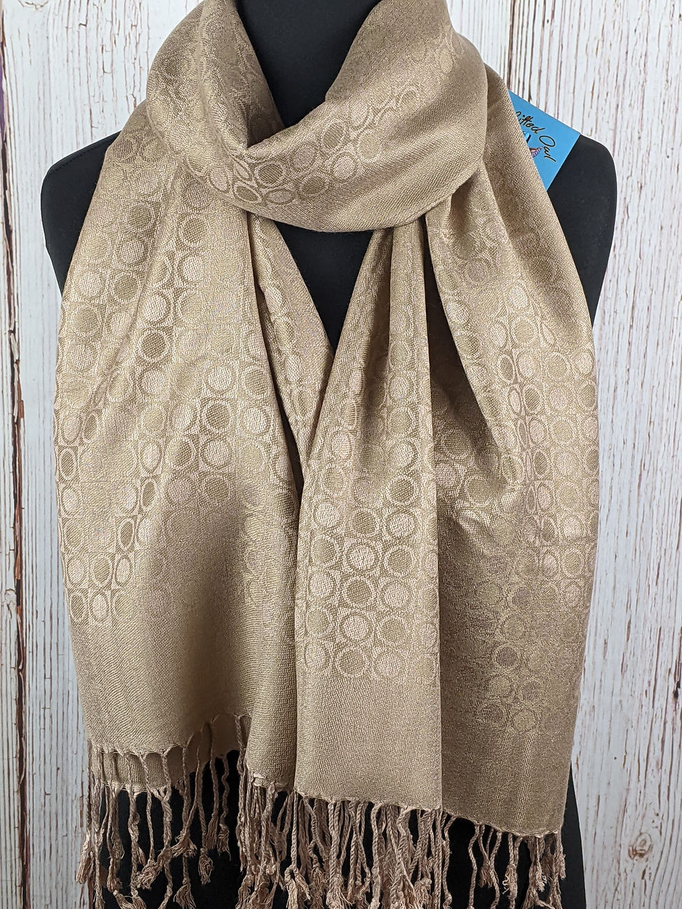 Thumbnail: WOMEN'S PASHMINA JACQUARD CIRCLE DESIGN TASSEL SCARF – GOLD