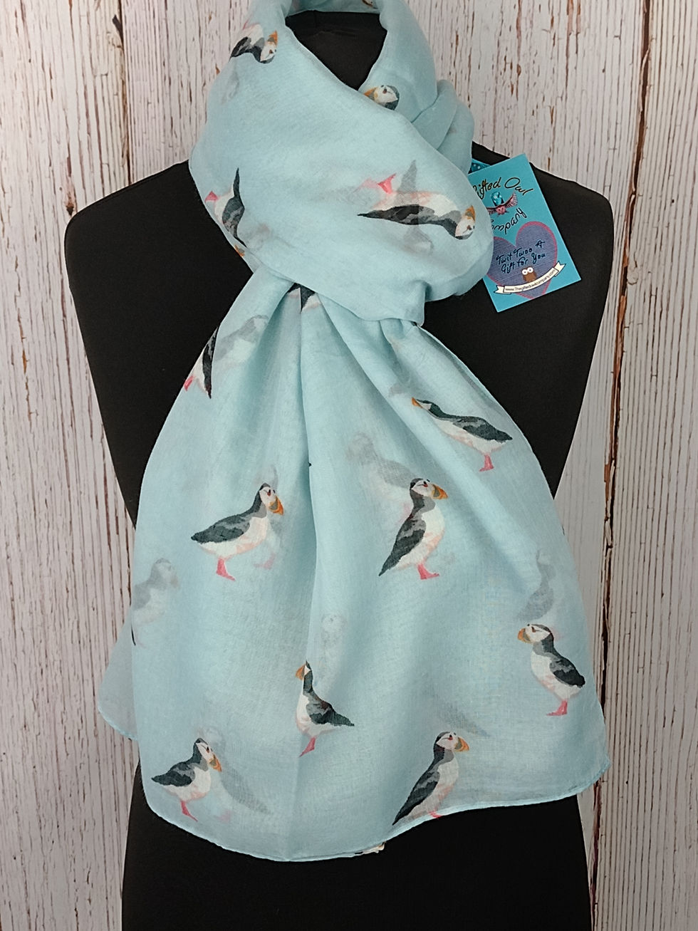 Thumbnail: WOMEN'S CORNISH PUFFINS BIRD SCARF - SKY BLUE GIFT WRAP/BOX