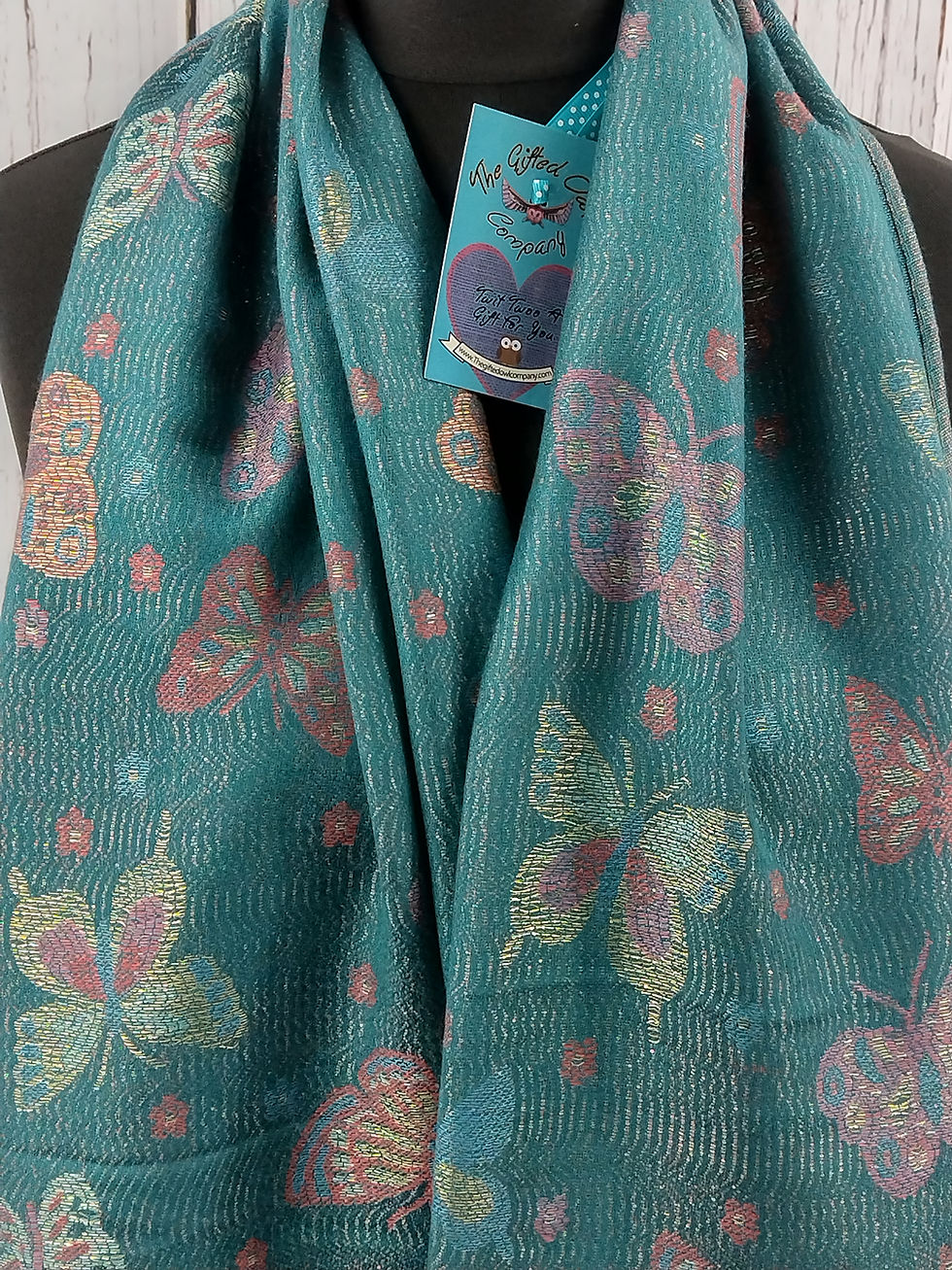 Thumbnail: WOMEN'S BUTTERFLY PASHMINA TASSEL SCARF - TEAL & PINK