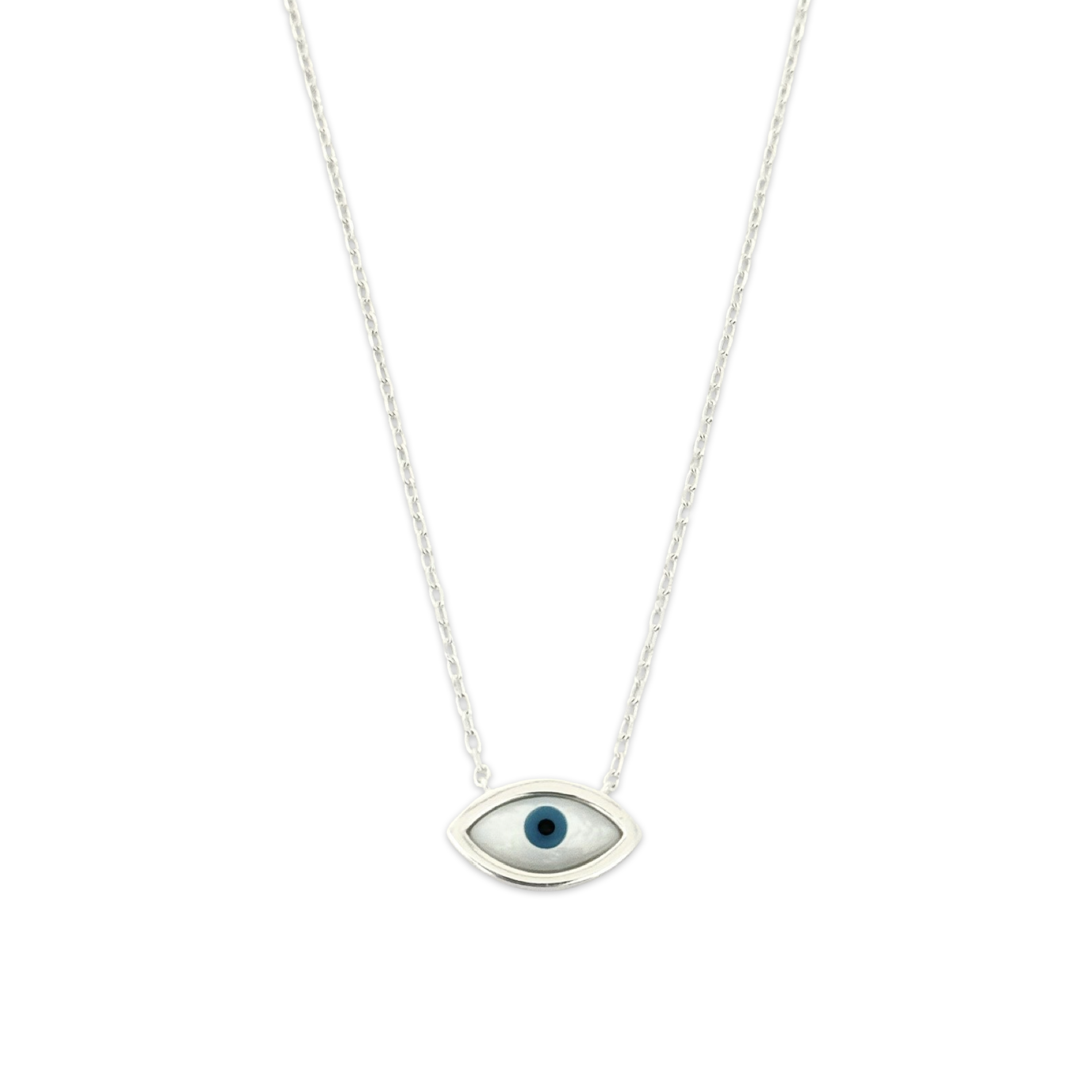 Colar gargantilha olho grego madrepérola horizontal alto malha elos 45cm