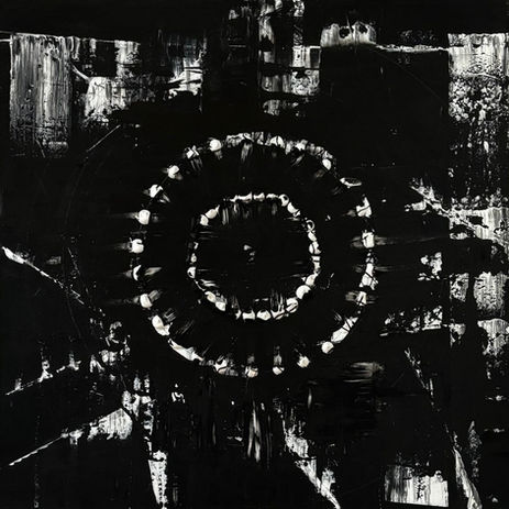An avantgarde black and white painting by Marnie Noir, titled "Code of Genesis," featuring a textured, dark composition with a central circular structure, accompanied by the text: "Code of Genesis," "Energy solidifies into existence.," "Through darkness, light ignites.," "Existence rising through the void.," "The unformed origin manifests as pure transformation, where light pierces absolute darkness, and dynamic flow crystallizes into everlasting physical form, capturing the ultimate cycle of creation.," symbolizing the universal energy cycle and the process of transformation.