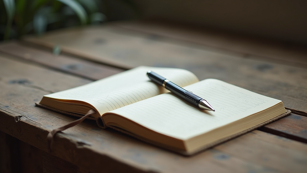 Close-up view of a journal and pen on a wooden table