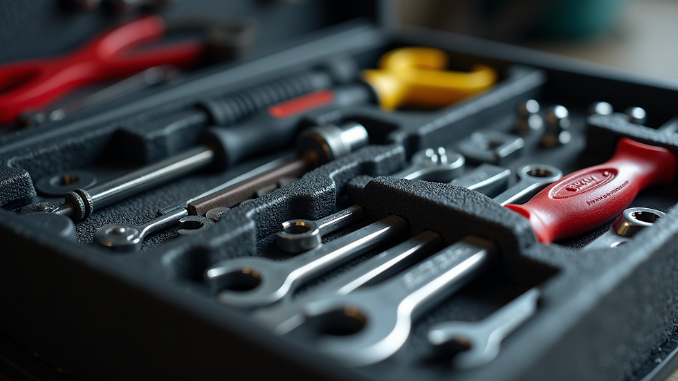 Close-up view of a mechanic's toolbox filled with various automotive tools