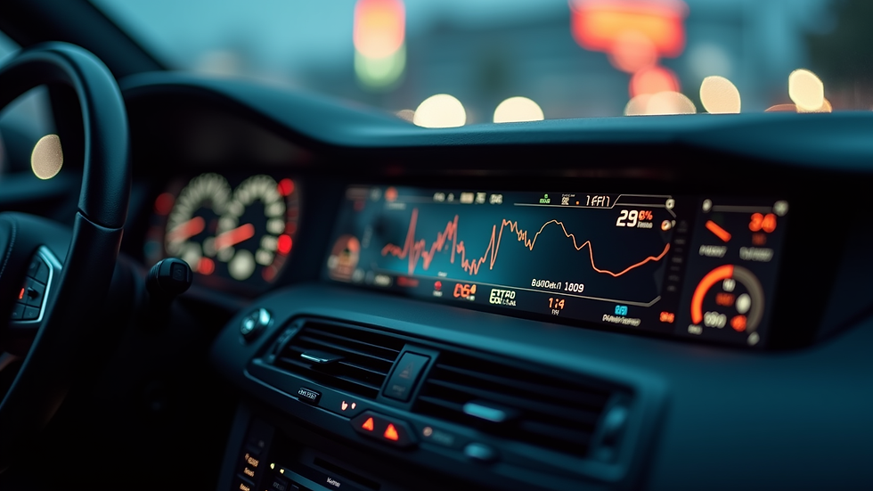 Close-up view of a car dashboard showing digital control panels