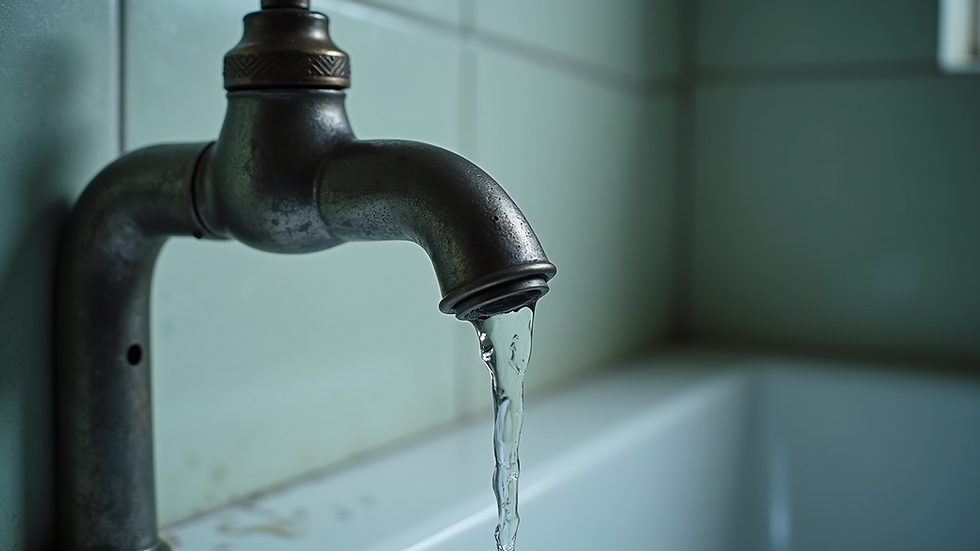 Close-up view of a leaky faucet showing dripping water