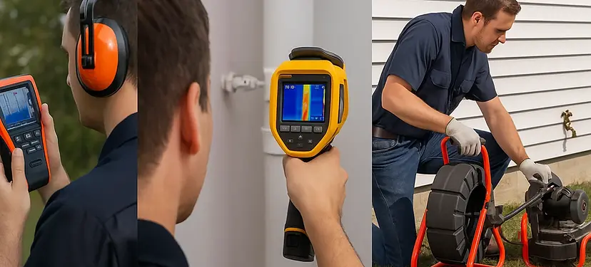 Liberty Leak Detection technician using electronic stethoscope, thermal camera, and sewer scope for leak inspection
