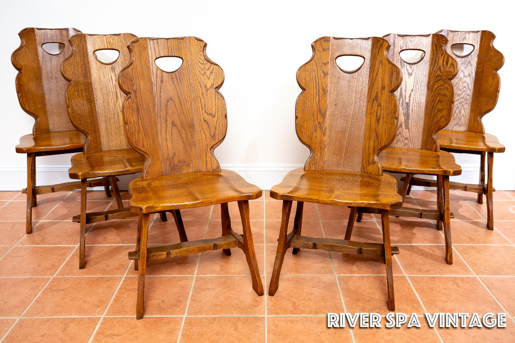 6 Brutalist Oak Dining Chairs MCM Belgian 1960s Mid Century Sculptural Tiger Oak