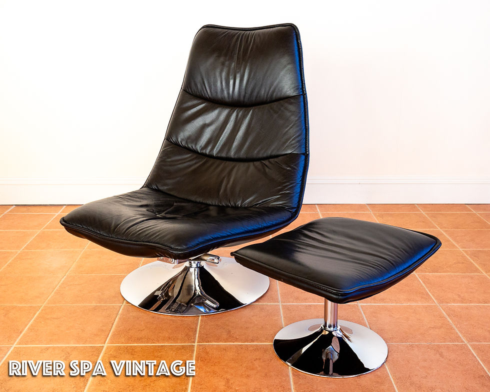 Thumbnail: 1970s Black Italian Leather Lounge Chair & Footstool Swivel & Tilt Space Age MCM