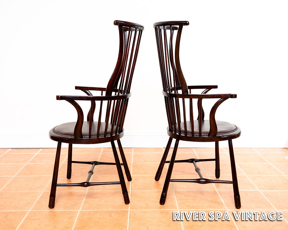 Thumbnail: Pair of Liberty Windsor Chairs Arts And Crafts Shawl Back Leather Art Nouveau