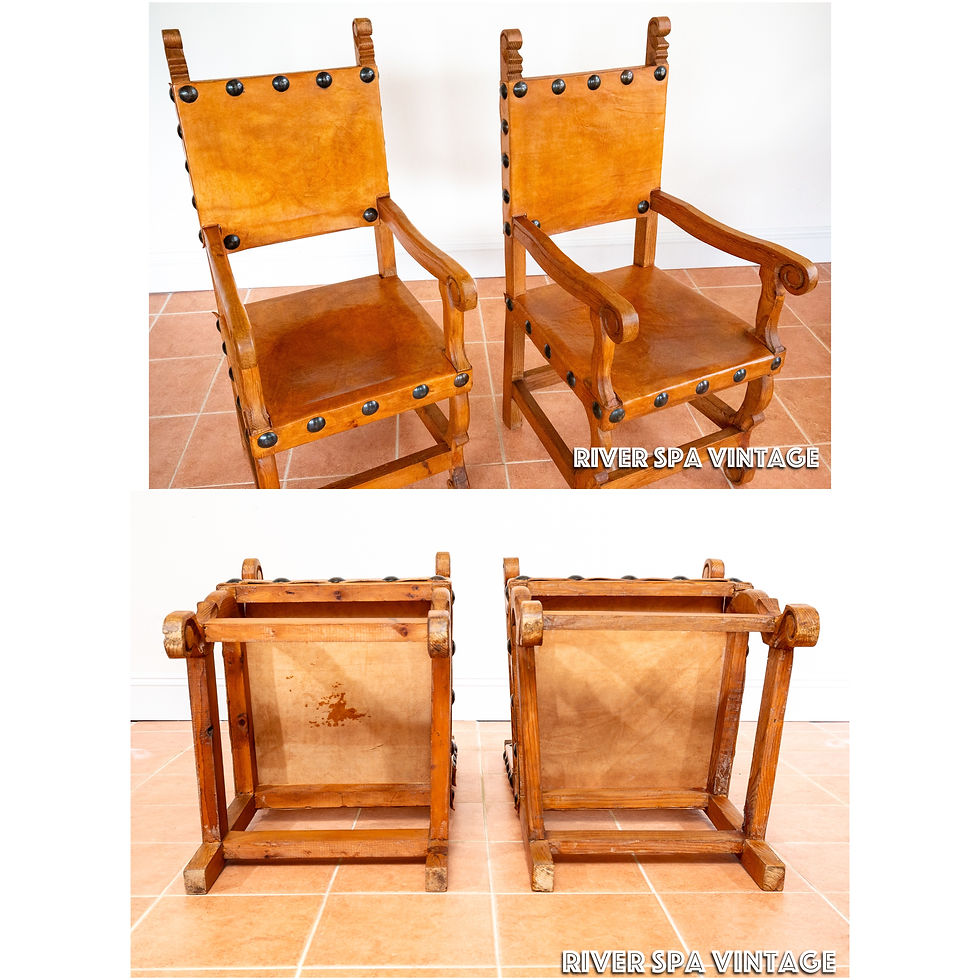 Thumbnail: Large Tan Leather Throne Chairs Pair Studded Mexican Baroque Spanish Colonial