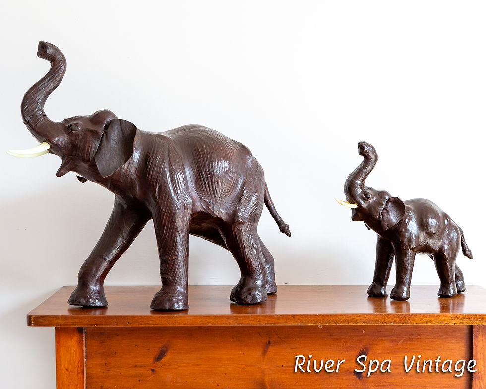 Thumbnail: Pair of Vintage Mother and Baby Leather Elephant Statues Figurines Liberty MCM