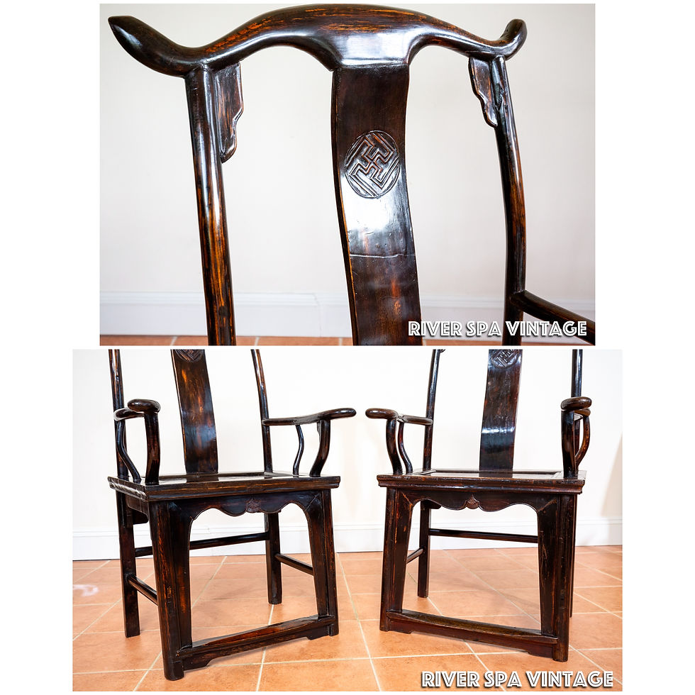 Thumbnail: Fine Pair of Chinese Armchairs 19th Century Lacquered Official Hat Yoke Back