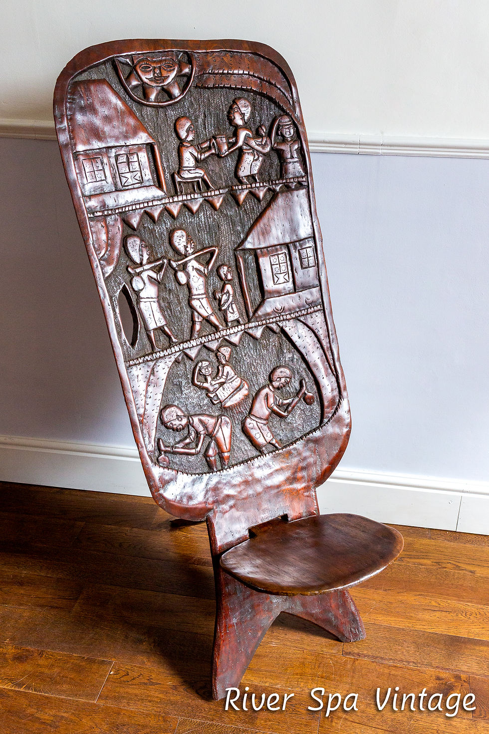 Thumbnail: Exceptional XL African Carved Mpingo Wood Tribal Chiefs Birthing Chair