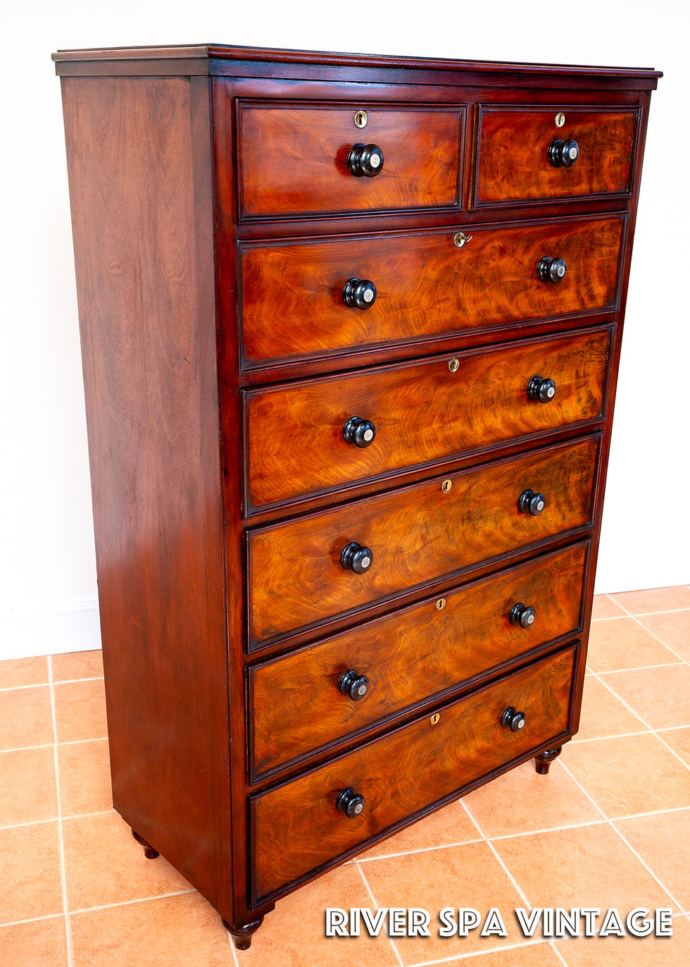 Thumbnail: Rare Fine Tall Chest Of Drawers Flame Mahogany 19th Century Victorian 7 Drawers