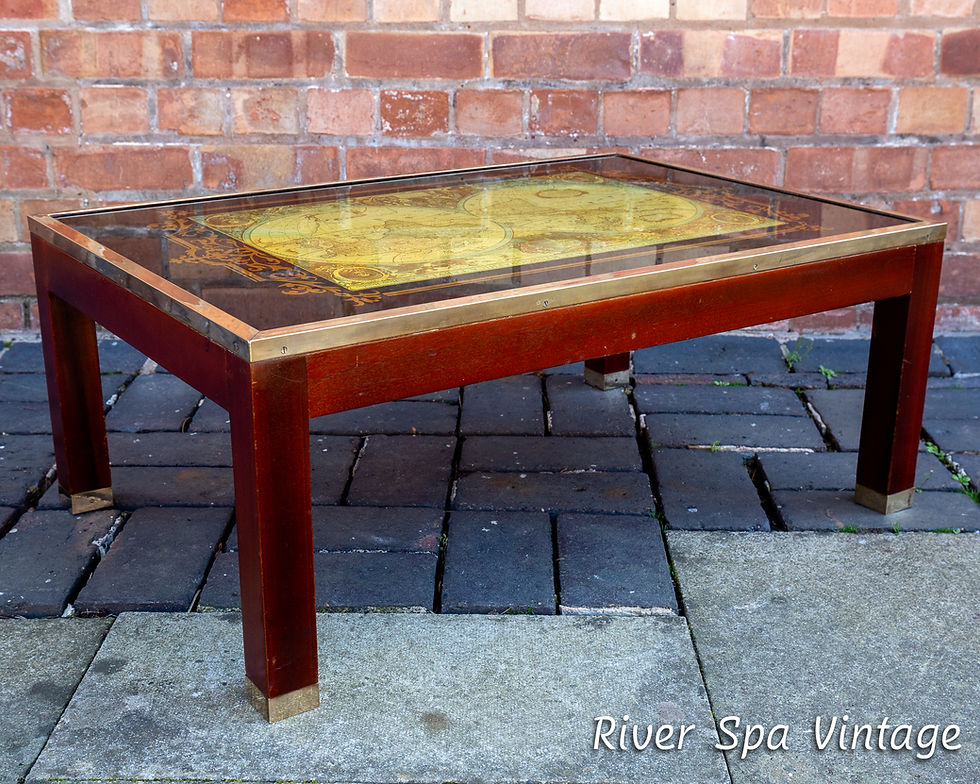 Thumbnail: World Map Coffee Table Large Campaign Mid Century Atlas Glass Brass Mahogany MCM