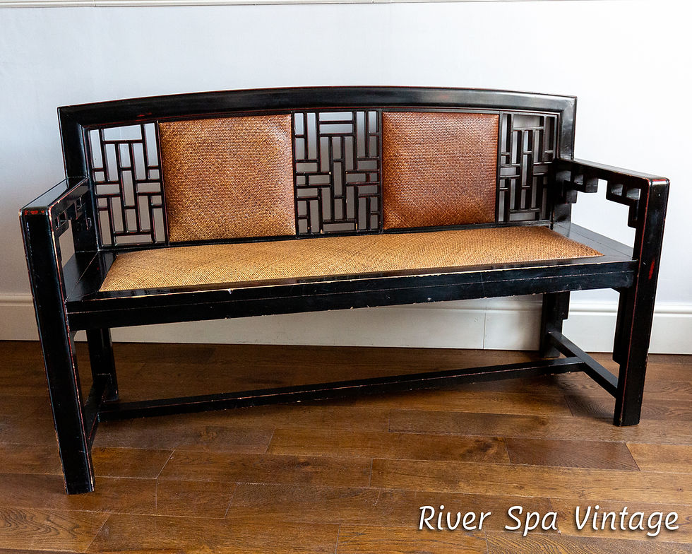 Thumbnail: Rare Chinese Fretwork Rattan Ebonised Bench Vintage Hallway Entrance Bench