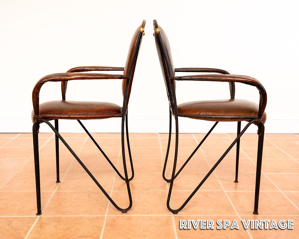 Thumbnail: Leather Armchair Iron Brass by Jacques Adnet 1950s French Artisan Sculptural MCM