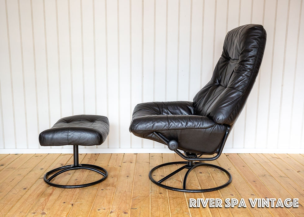 Thumbnail: Norwegian Black Leather Lounge Chair & Footstool Swivel Reclining Ekornes 1980s