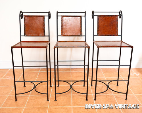 Ralph Lauren Barstools Leather Wrought Iron MCM Neoclassical