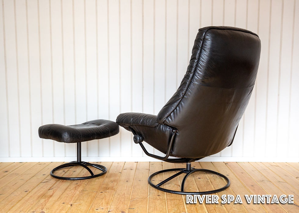 Thumbnail: Norwegian Black Leather Lounge Chair & Footstool Swivel Reclining Ekornes 1980s