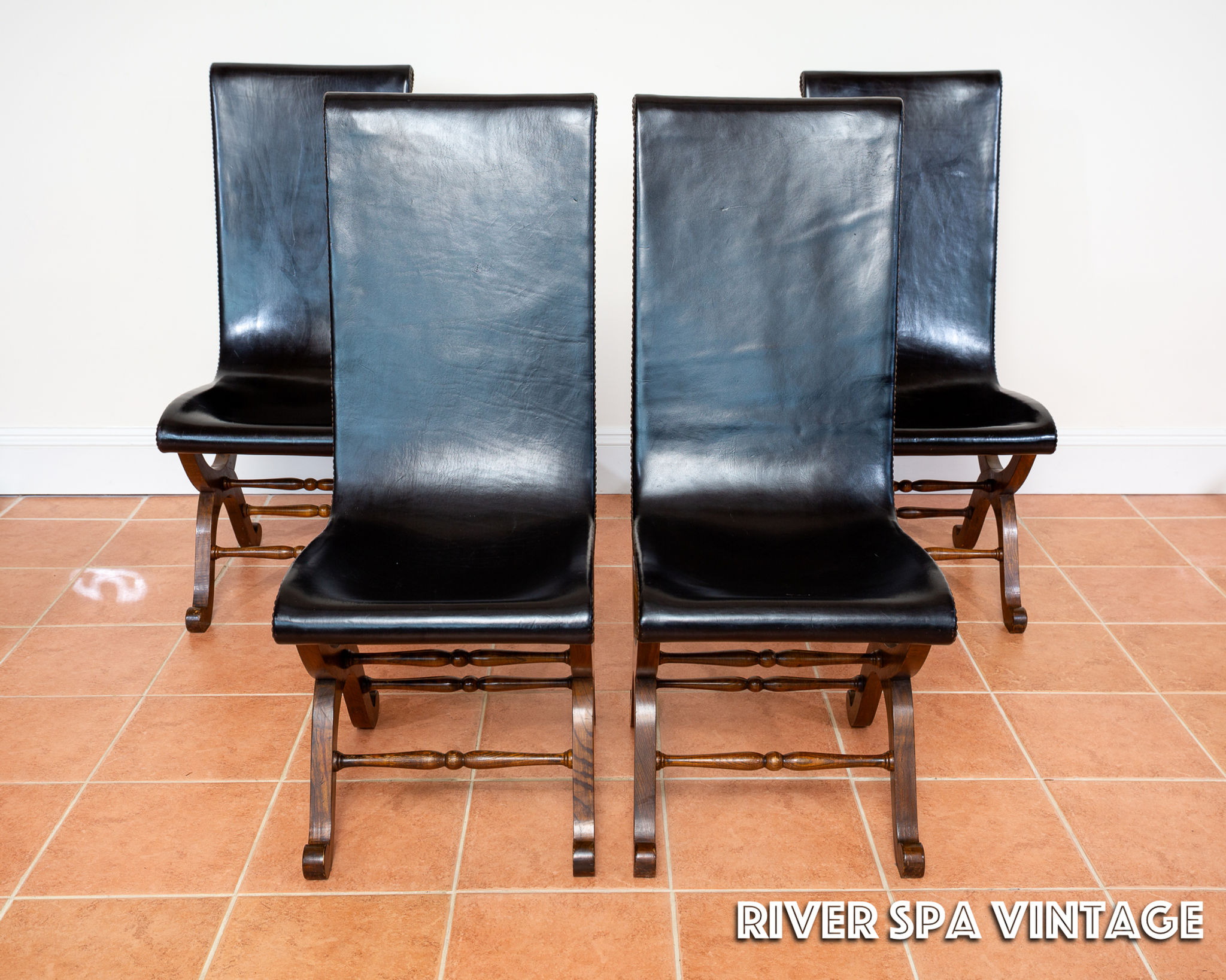 4 Spanish Oak Leather Dining Chairs by Pierre Lottier Valmazan Mid Century 1960s