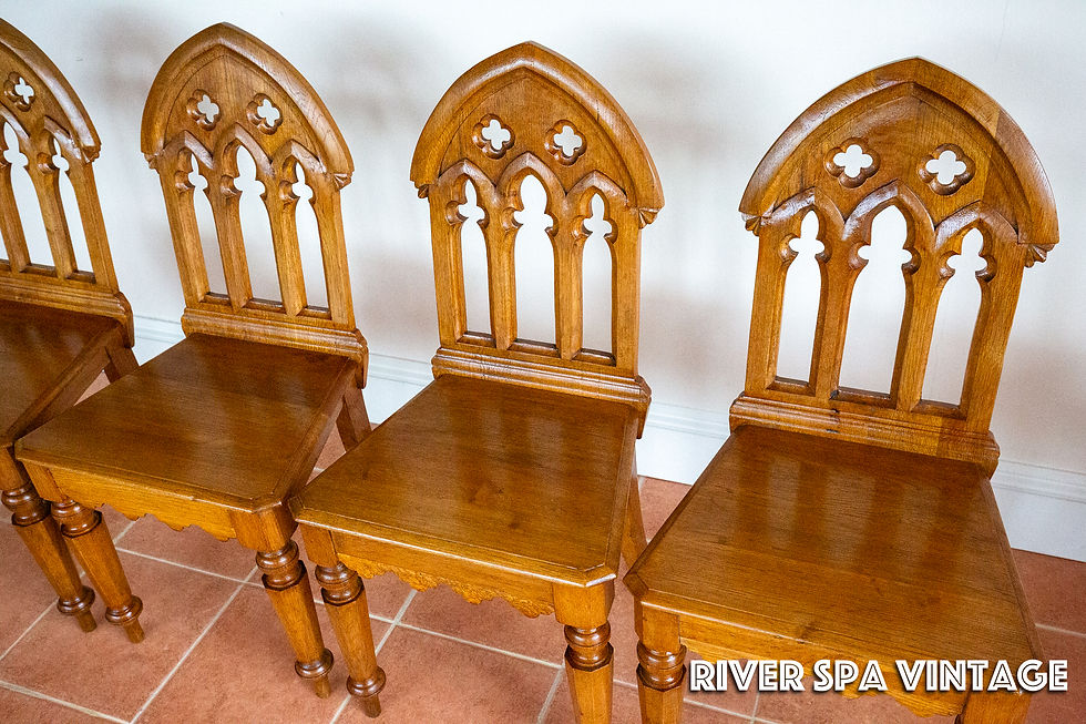 Thumbnail: 4 Light Oak Dining Chairs Gothic Steeple Back Antique Pugin Style Golden Oak