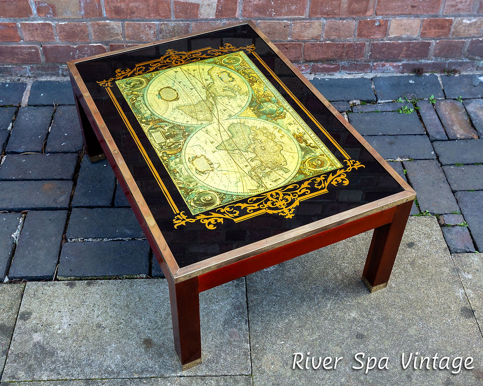 Thumbnail: World Map Coffee Table Large Campaign Mid Century Atlas Glass Brass Mahogany MCM