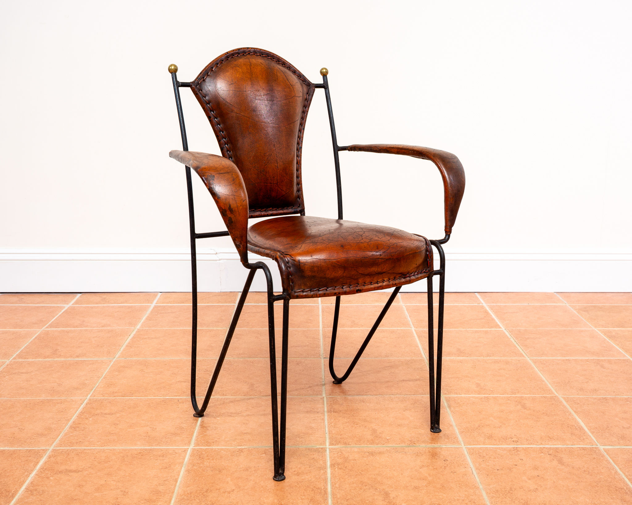Leather Armchair Iron Brass by Jacques Adnet 1950s French Artisan Sculptural MCM