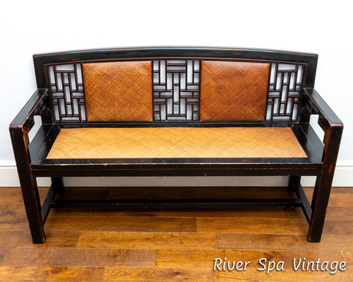 Rare Chinese Fretwork Rattan Ebonised Bench Vintage Hallway Entrance ...