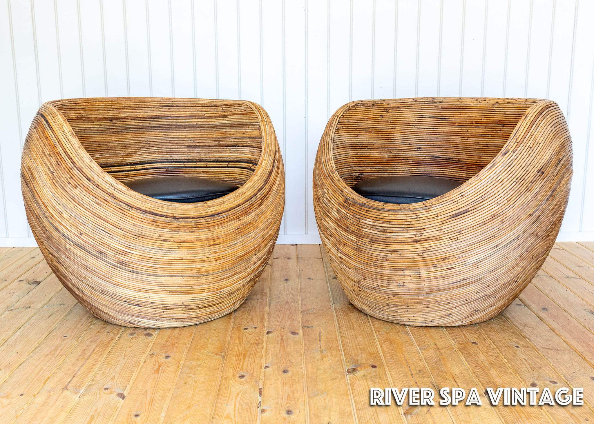 Pair of Blonde Pod Tub Chairs Sculptural Organic Coastal Boho MCM Conran Rattan