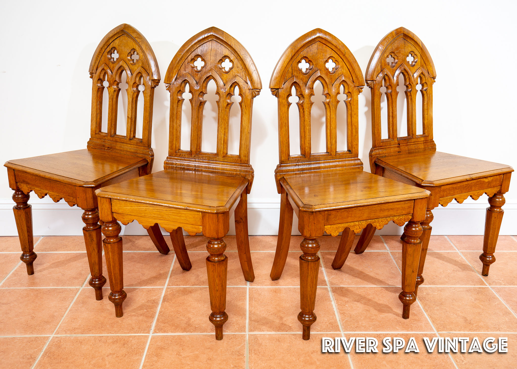 4 Light Oak Dining Chairs Gothic Steeple Back Antique Pugin Style Golden Oak