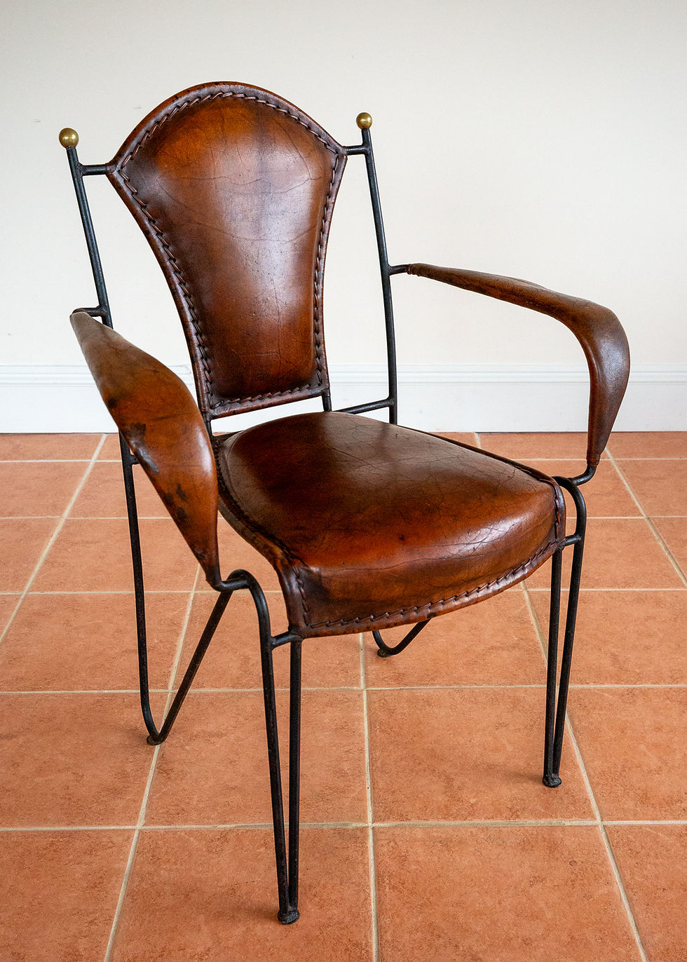 Thumbnail: Leather Armchair Iron Brass by Jacques Adnet 1950s French Artisan Sculptural MCM