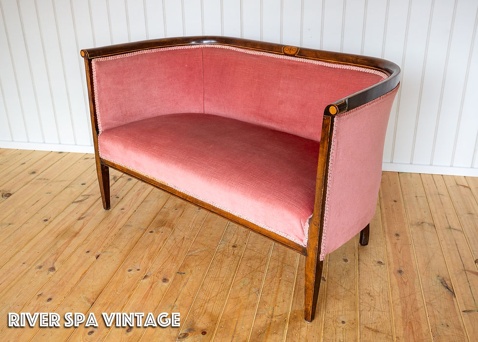 Thumbnail: Edwardian Mahogany Settee Barrel Back Pink Inlaid Tub Antique Art Nouveau 1910