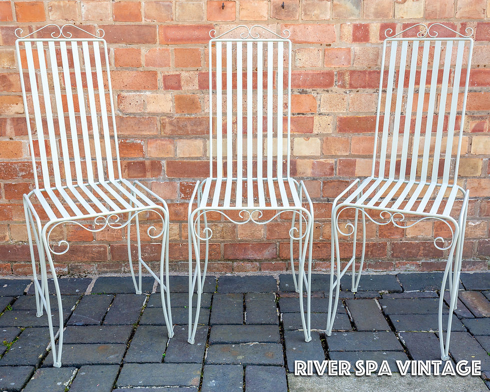 Thumbnail: Set of 3 Garden Chairs Mid Century French Chic Scrolled Wrought Iron Strap 1950s