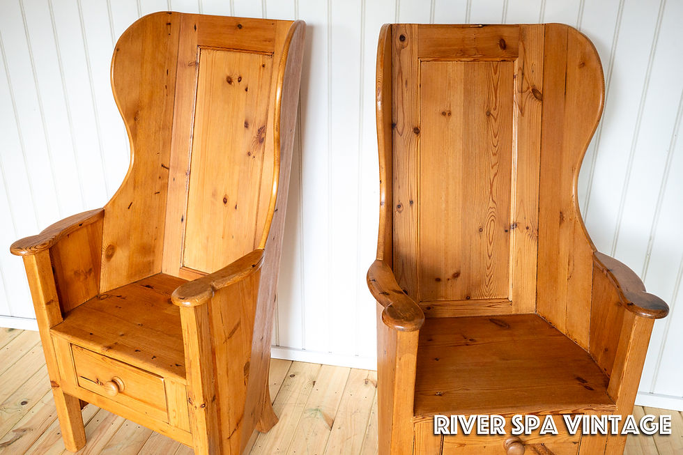 Thumbnail: Pair Blonde Lambing Chairs Rustic Farmhouse Armchairs Wingback Fireside Vintage