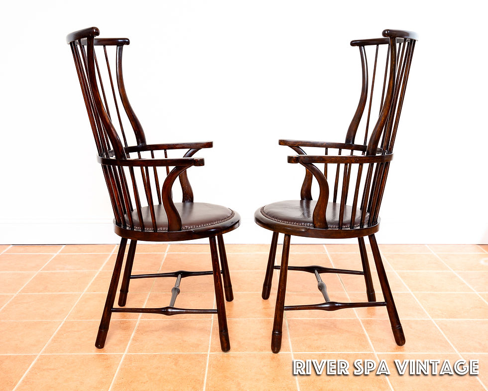 Thumbnail: Pair of Liberty Windsor Chairs Arts And Crafts Shawl Back Leather Art Nouveau