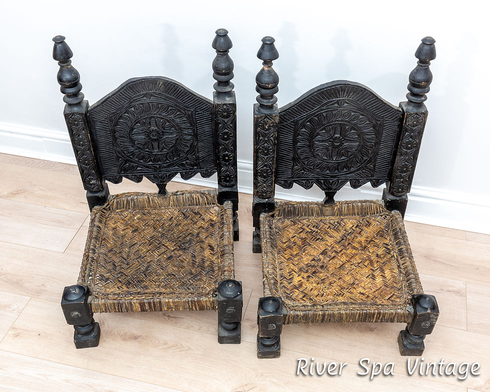 Thumbnail: Pair of Antique Carved Swat Valley Low Ebonised Carved Leather Wedding Chairs